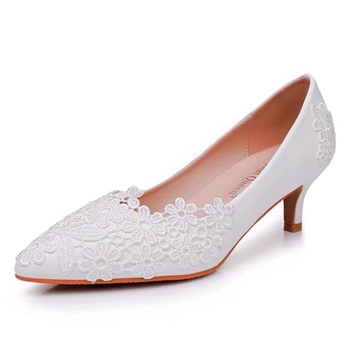 Chaussures de mariée à talons aiguilles bas, escarpins de ballet en dentelle blanche 34