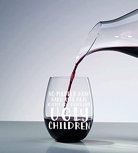 Casuvea Gifts For Dad Mom, Funny Wine Glass, Birthday Stemless Wine Glass, Fathers Mothers Day Gifts For Daddy Mommy, No Matter How Hard Life Gets You Don't Have Ugly Children, Christmas Gifts #TOP3