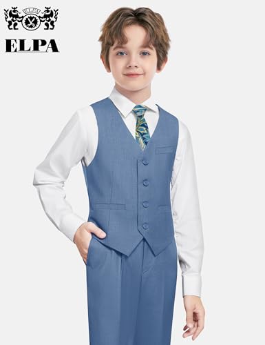 Image of Boys Suit Vest Set 4 Pieces Slim Fit Kids Blue Gray Formal Vest and Pants Set for Wedding Ring Bearer, Easter, First Communion, Confirmation, Graduation Little Boys Size 6