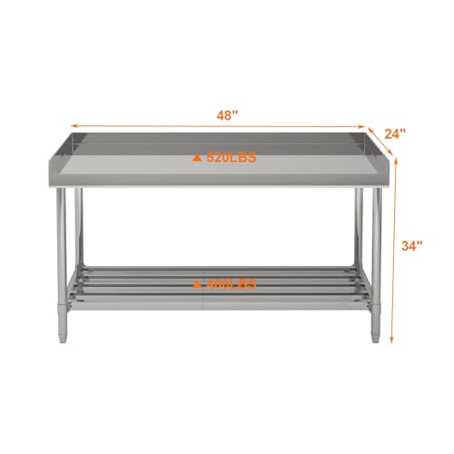 Image of Garvee 48x24 NSF Stainless Steel Prep Table - Commercial Backsplash | Adjustable Height & Undershelf, Easy to Assemble, Commercial Prep Table for Restaurant, Kitchen, Hotel, Garage
