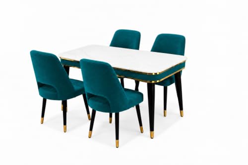 Image of WOODEN SPACE 4 Seater Wooden Dining Table Set | Urban Marble Top Dining Table with Chairs for Dining Room & Kitchen (Modern Vintage Sea Blue) (54 x 36 x 30 inch)