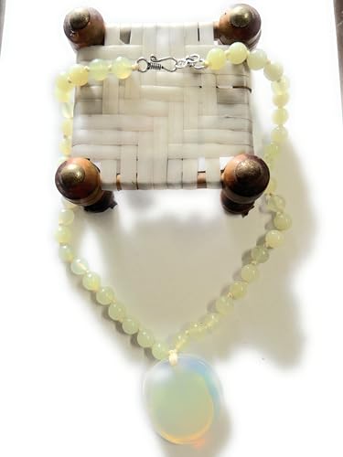 Image of Opalite Beaded Necklace with Oval Pendant, Pale Yellow-Blue,Amazonite beads