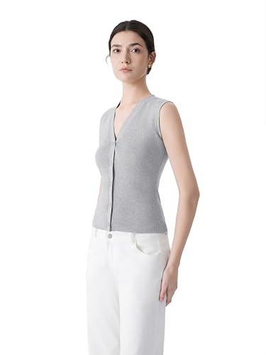 Image of SUUKSESS Women Sleeveless Sweater Tops Summer V Neck Button Down Vest Tops Business Casual Work Shirts
