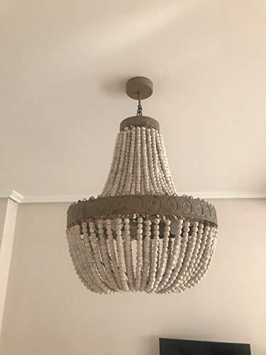Newrays Wood Beaded Chandelier Pendant Three Lights Gray White Finishing Retro Vintage Antique Rustic Kitchen Ceiling Lamp Light Fixtures(Middle) #TOP3