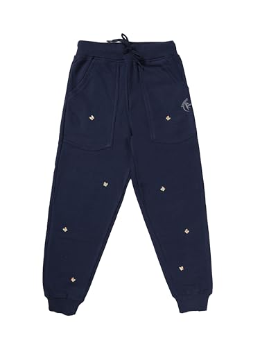 KiddoPanti Girls Fleece Jogger with Butterfly Applique, Navy with Butterfly - 1-2Y