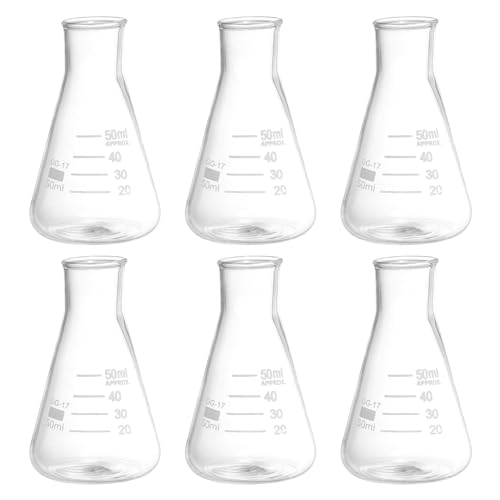 PATIKIL Erlenmeyer Flask, 6 Pcs 50ml Narrow Mouth Graduated Flasks Borosilicate Glass with Printed Graduation for Lab, Experiment, Chemistry, Science Study