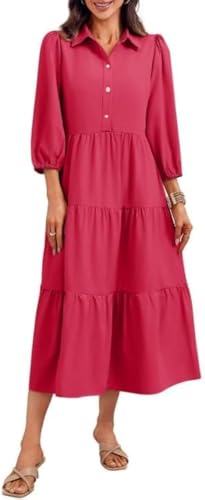 Robe chemise décontractée Wenrine rouge à manches 3/4 et col en V chic