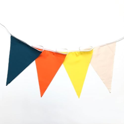 Image of 40Ft Retro Blue Orange Yellow Beige Fabric Bunting Banner Pennant Hanging Party Decorations Triangle Flag Garland for Boho Sunshine Theme Gender Reveal Birthday Here Comes the Son Baby Shower Decor