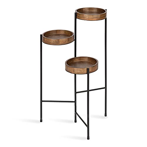 Image of Kate and Laurel Finn Modern Tri-Level Plant Stand; 16 x 21 x 30; Natural Wood and Black; Decorative Wood and Metal Planters for Storage and Display