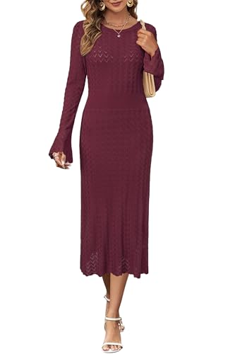 Image of Newshows Women's Hollow Slim Summer Fall Church Work Casual Sweater Dress | Machine Washable Knit Sweater Fabric, Hollow Design, Bell Sleeve, Business Casual, Church Teacher Outfits, Modest Dress