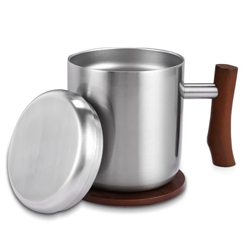 Mug Térmico de Acero Inoxidable 14oz Plata con Asa de Madera miniatura 1