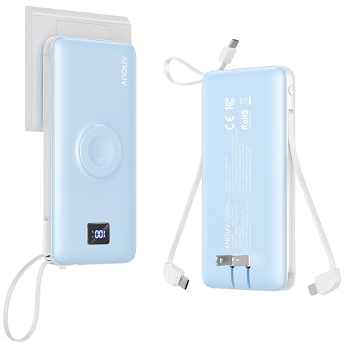 Portable Charger with Built-in Cables&AC Wall Plug,10000mAh Power Bank,PD 22.5W USB-C Fast Charging External Battery Pack with LED Display Compatible with iPhones and All Smart Device（1 Pack）