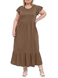 Women's Plus Size Maxi Dress Crew Neck Ruffle Short Sleeve Summer Casual Dresses with Pockets Floral Long Dress Khaki