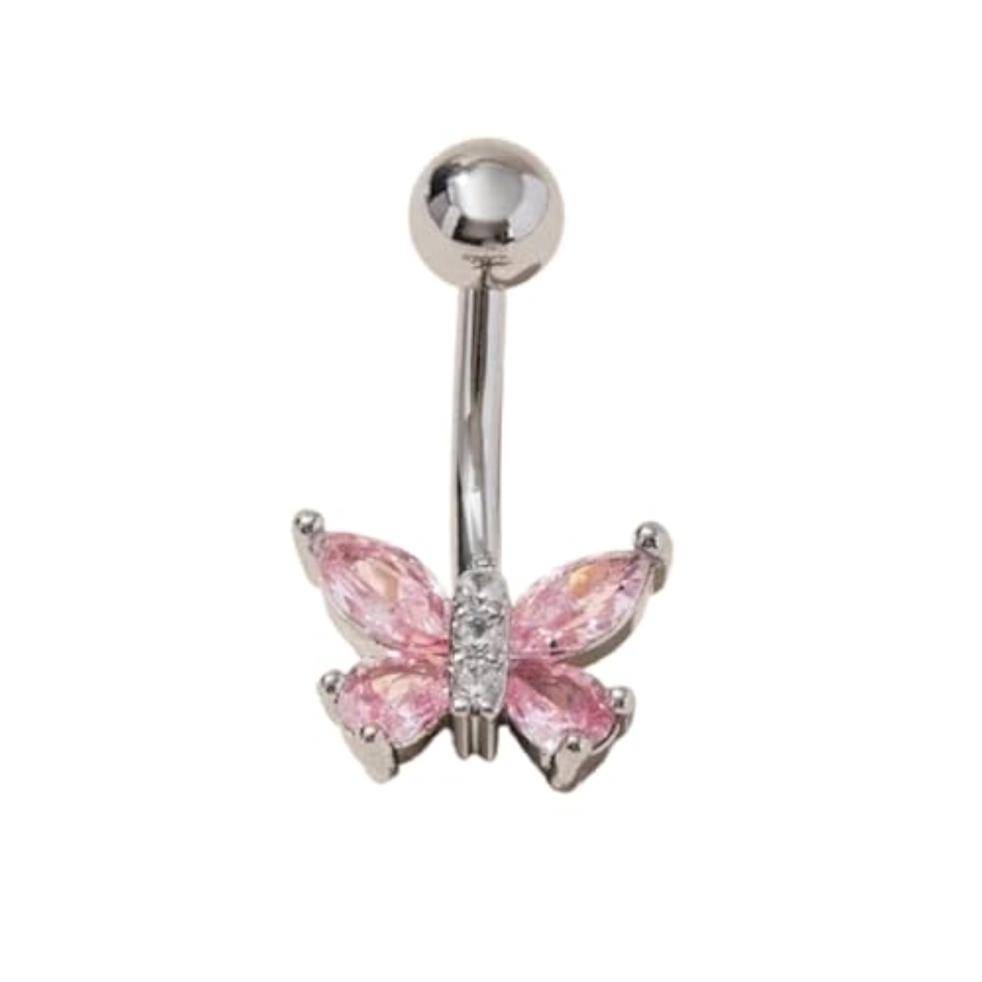 Butterfly Pink Dangle Belly Button Ring with Diamonds