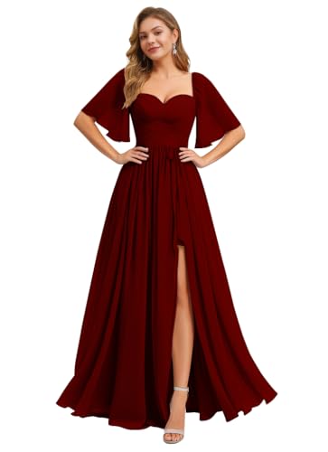 Image of IIF Women's Chiffon Bridesmaid Dresses for Wedding Flutter Sleeves Ruched A Line Long Formal Dress with Slit IIF149