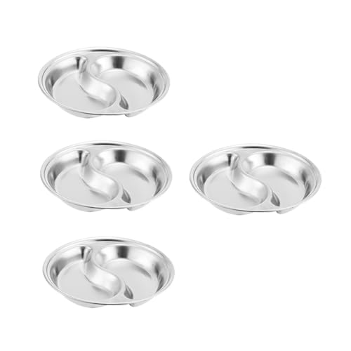 HOLIDYOYO 1set Stainless Steel Saucer Dinner Plate Compartment Sauce Dish Dip Dipping Dish Round Tray Appetizer Tray Nut Platter Divided Sauce Plate Sections Dinner Tray Fruit Platter 4pcs