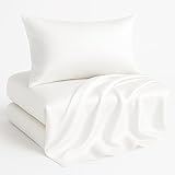Casa Platino Satin Sheets Twin Size Set - 3 Pieces - Soft like Silk - 1 Deep Pocket Fitted Sheet, 1 Flat Sheet & 1 Standard Pillowcase - Beneficial for Hair & Skin - Wrinke Free - White Bed Sheets Set
