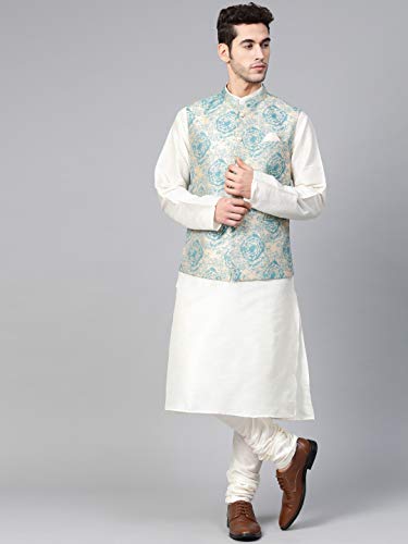 Image of MANQ Men Sea Green & beige Woven Jaquard Silk Nehru Jacket (Size:42)