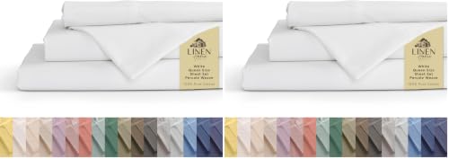 Image of Linen Home 100% Cotton Percale Sheets Queen Size, White, Deep Pocket, 4 Pieces Set - 1 Flat, 1 Deep Pocket Fitted Sheet and 2 Pillowcases, Crisp Cool and Strong Bed Linen (Pack of 2)