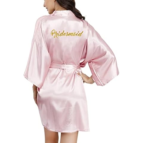 ALHAVONE Bride Bridesmaid Robes with Glittering for Wedding Bridal Party Womens Short Silky Satin Robe One Size (Pink, Bridesmaid) Cover
