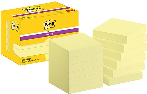 Post-it Foglietti Super Sticky Canary Yellow, Confezione da 12 blocchetti, 90 Fogli per blocco, 47,6 mm x 47,6 mm, Giallo Canary - Per Appunti, Elenchi & Promemoria