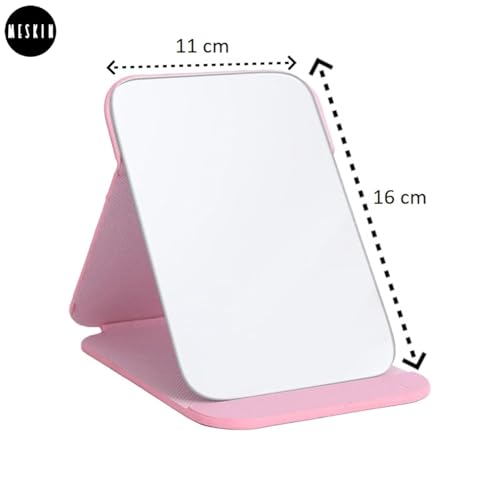 Image of MESKIN Portable Tablet Style Makeup Mirror with Foldable Stand | Compact Folding Free Hand Standing Mirror | Travel Friendly Vanity Mirror with PU Flap Cover (Pack of 1, Pink)