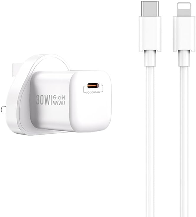 WIWU Nano GaN 30W 2 In 1 PD UK Fast Charger With Type-C To Lightning Cable - White