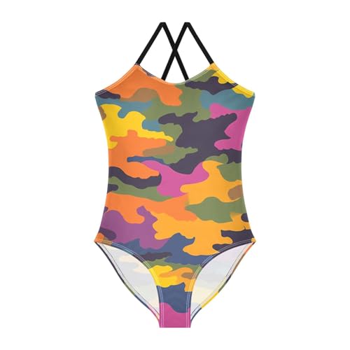 Bolaz Girls Swimsuits One-Piece Bathing Suits Summer Beach Swimwear for 3-10 Years Old-Yellow Purple Blue Camouflage Pattern