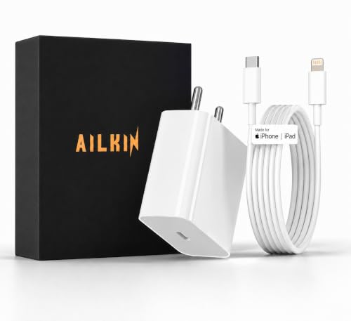 Image of AILKIN 20W Charging Adapter with USB-C to Lightning, MFi Certified - Compatible with iPhone 14, 14 Plus, 14 Pro, 14 Pro Max, 13 Series, 12 Series, 11, X, XR, iPad & More - White