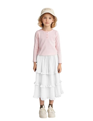 Image of Girls High Waisted Ruffle Maxi Skirt Soft Cotton Long Skirts with Elastic Waistband for Kid Girl 3-12 Years