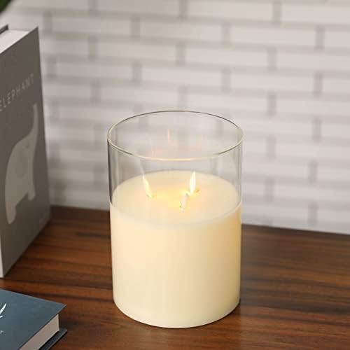 JHY DESIGN Large 3 Wicks Glass Candle Battery Operated with 6-Hour Timer, 20cm Dia Swing 3D Effect Flickering Battery Candle for Festival Party Christmas Winter (White)