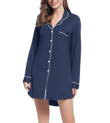 Image of Amorbella Bamboo Viscose Sleep Shirt Women Long Sleeve Button Down Nightgowns Cooling Pajamas Nightshirt S-XXL