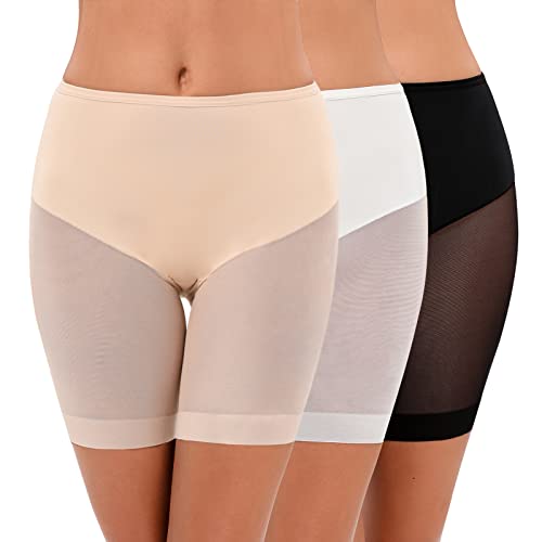 Vancavoo Bragas de Mujer de Seguridad Pantalones Cortos de Seda de Hielo y Malla Bragas sin Costuras para Mujeres Panties Antideslizante Pantalones Moldeadores Anti-rozadura(Piel+Blanco+Negro,M)