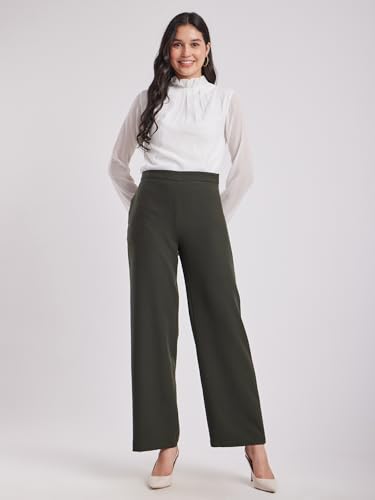 Image of FableStreet Women's Formal Trousers | Wide-Leg Design with Mid-Rise Waist | Solid Pattern & Plain Weave Fabric | Office Wear & Business Meetings