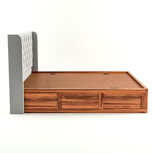 Image of Solid Sheesham Wood King Size Bed with Storage | Wooden Double Bed Cot Bed with Box Storage & Velvet Upholstered Cushioned Headboard for Bedroom (Honey D, King)