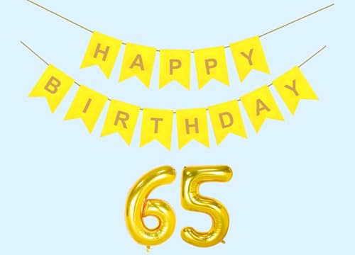 Image of 65th Happy Birthday Decoration Kit Yellow for 65 year Old Women with Number Sixty-five Party Decorations Decor Celebration Items Item Set Combo Reusable Paper Banner