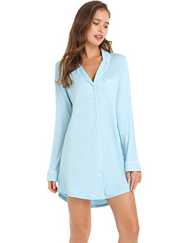 Amorbella Joyaria Joyaria Womens Button Down Nightshirt Long Sleeve Sleep Shirt Viscose Pajama Top Nightgown (Light Blue, Large)
