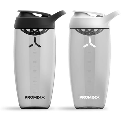 Promixx PURSUIT Protein Shaker Bottle 2-Pack – Premium Sports Shaker Bottles for Protein Mixes and Supplement Shakes – Stealth Black, Arctic White, 700ml
