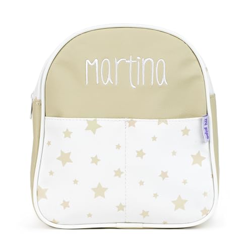 Mi Pipo - Mochila Bebe Guarderia Personalizada Estrellas Beige | Mochila Polipiel con Nombre Bordado Personalizado | Mochilas Infantiles con Asas regulables | Fácil Limpieza y Diseño Exclusivo