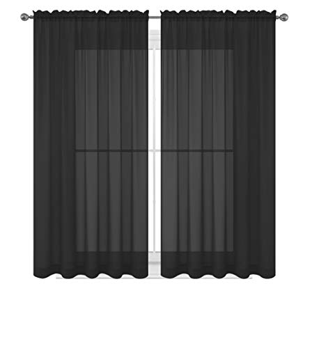 WPM WORLD PRODUCTS MART Black Window Sheer Treatment Panels Beautiful Rod Pocket Voile Elegance Curtains Drapes for Living Room, Bedroom, Kitchen Fully Stitched, Set of 2 (Black, 63