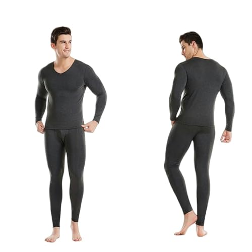 HUBGFEQ Mens V-Neck Thermal Underwear Set Long Johns Autumn Winter Shirt Pants 2 Pcs Set Thermal Clothing-Dark Grey-Asian Size XL