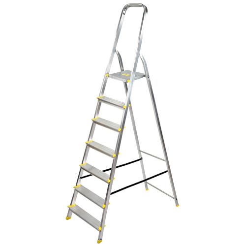 Bayersystem BS-DA7 120 Trittleiter mit 7 Stufen, Aluleiter, bis 120 kg belastbar, max. Arbeitshöhe 3,42 m, Klapptrittleiter mit Handlauf, Anti-Rutsch-Füße, Klapptritt für Haushalt, Silber/Gelb