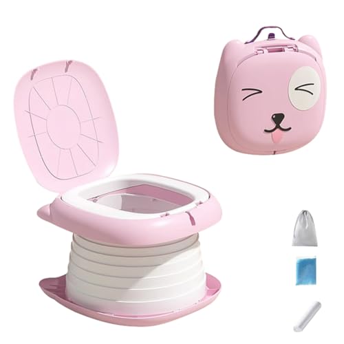 子供用 折りたたみトイレトレーニング おまる 補助便座 座れる携帯トイレ 折り畳み式便座 自然分解性ゴミ袋 取外し可能 子供用トイレット 滑り止め ふかふか 尿がしぶき防止 折りたたみ トイレ練習 (ピンク)