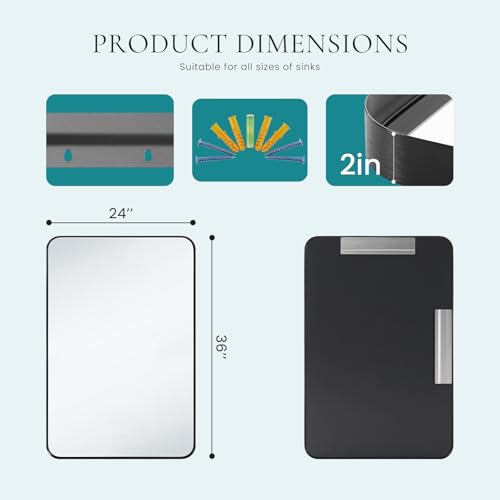 Image of NEWBULIG 24X36 Inch Bathroom Wall Mirror, Vanity Bathroom Mirrors for Over Sink Tempered Glass, Anti-Rust Metal Framed Rounded Rectangle, Hangs Horizontally or Vertically, Farmhouse Home Decor, Black