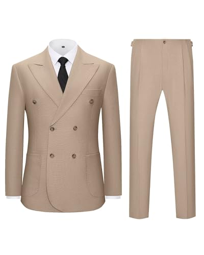 Men's Suit Double Breasted Slim Fit 3 Piece Suit Set Wedding Prom Suits Blazer Dinner Groom Tux Square Pocket Jacket Vest Pants for Men Khaki L3
