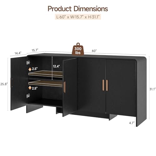 60" Curved Design Black Buffet Cabinet with 4 Doors & Shelves for Living Room, Kitchen, Hallway