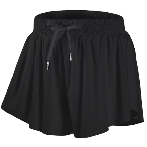 DIPUG Girls Butterfly Shorts with Pocket 2-in-1 Flowy Athletic Skots for Tennis, Running, Dance, 10-12 Black