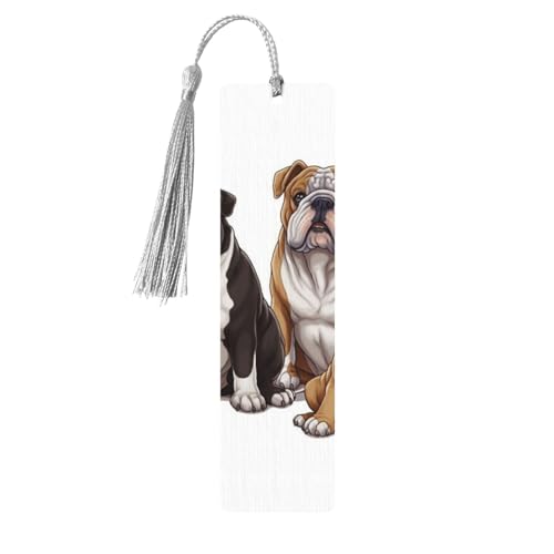 イングリッシュブルドッグス しおり タッセル付き 女性用 男性用 ハンドメイド ブックマーク ブック愛好家向け 読書ページマーカー 木製タグ オーナメント 誕生日 教師 ギフト