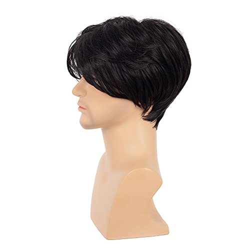 Image of Swiking Men Wigs Short Black Straight Middle Part Synthetic Hair for Male Guy Halloween Cosplay Party Wigs with Cap (Black)