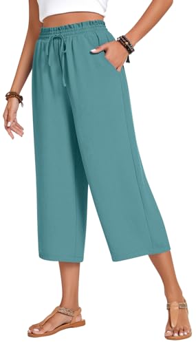 Image of Anyhold Women's Capri Pants Drawstring Casual Palazzo Trousers with Pockets Loose High Waisted Wide Leg Lounge Pants